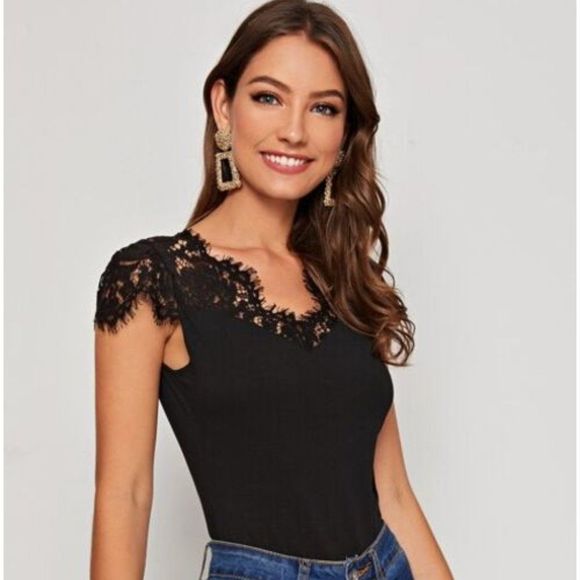 SHEIN Tops - Shein Black Lace Short Sleeve Tee - NWT